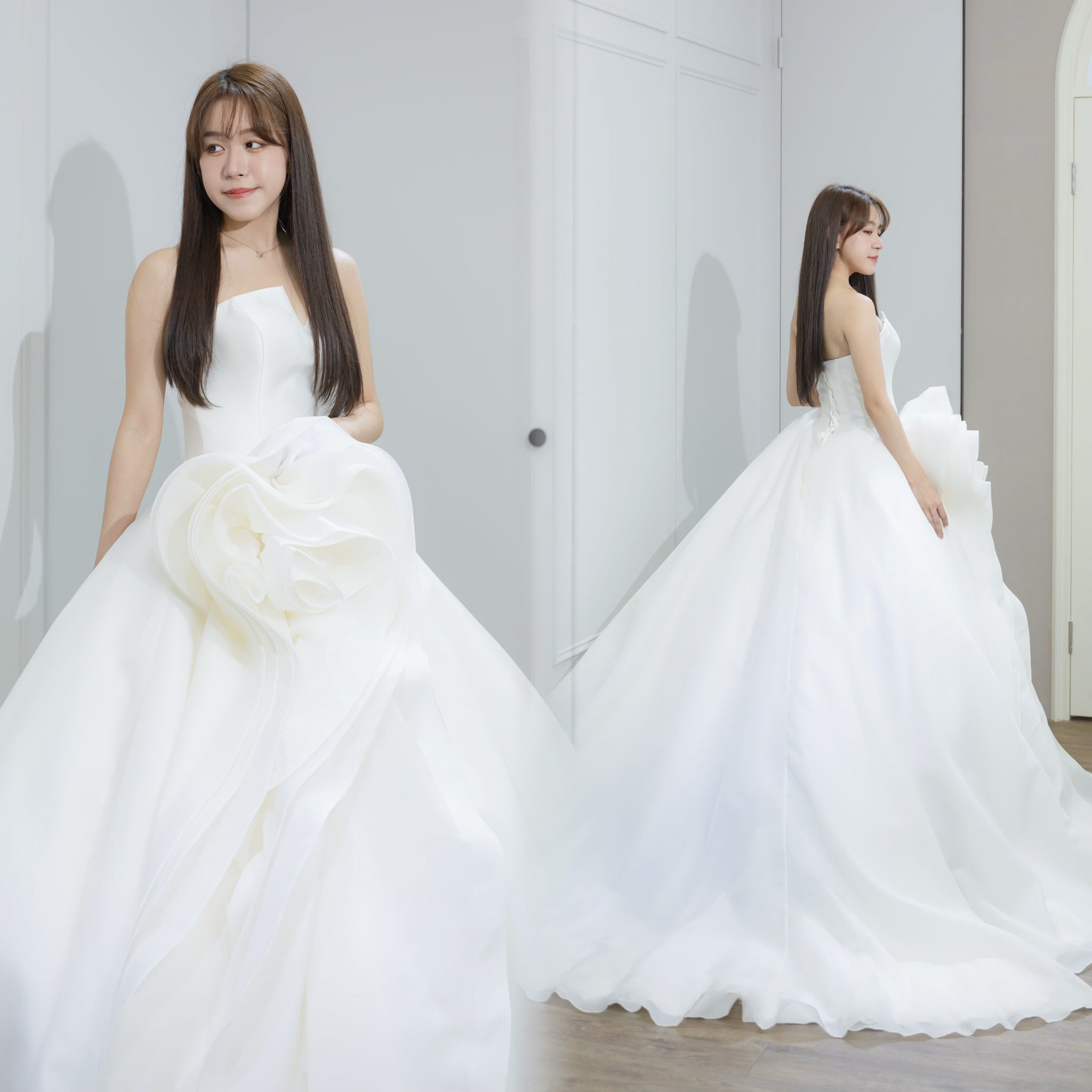 台北曼哈頓 婚紗 夢幻 禮服 白緞立體花型 禮服