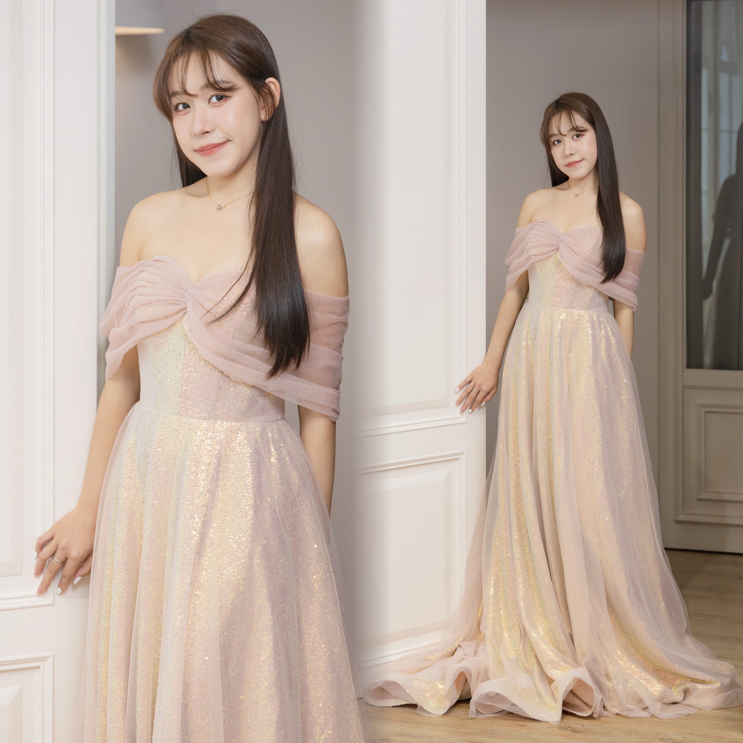 台北曼哈頓 婚紗 夢幻 禮服 香檳粉金光紗禮服